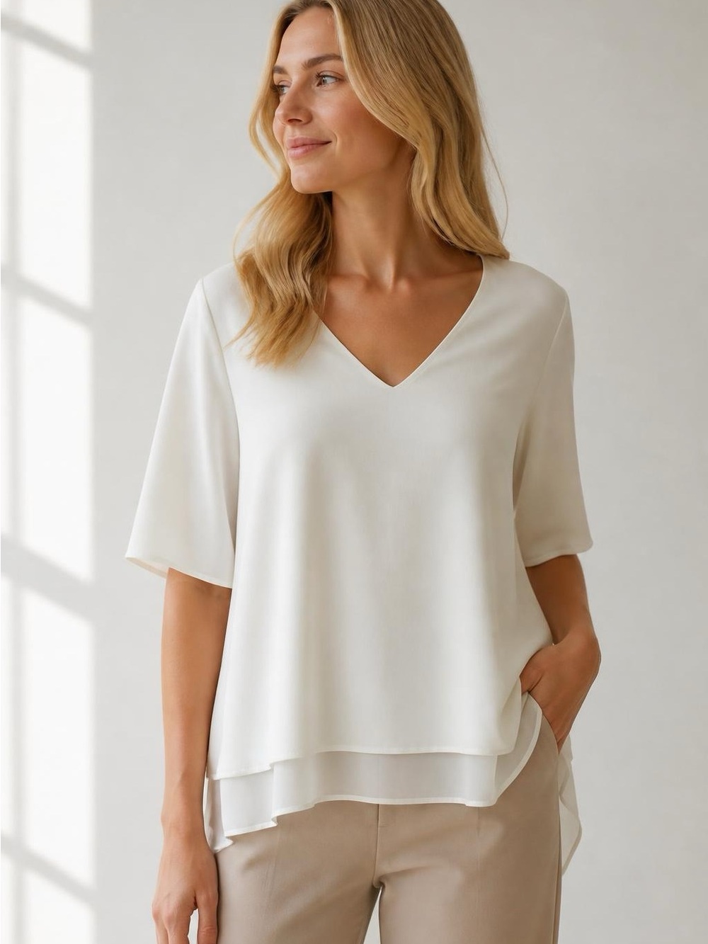 Cooper & Ella Elegant White V-Neck Layered Women’s Top